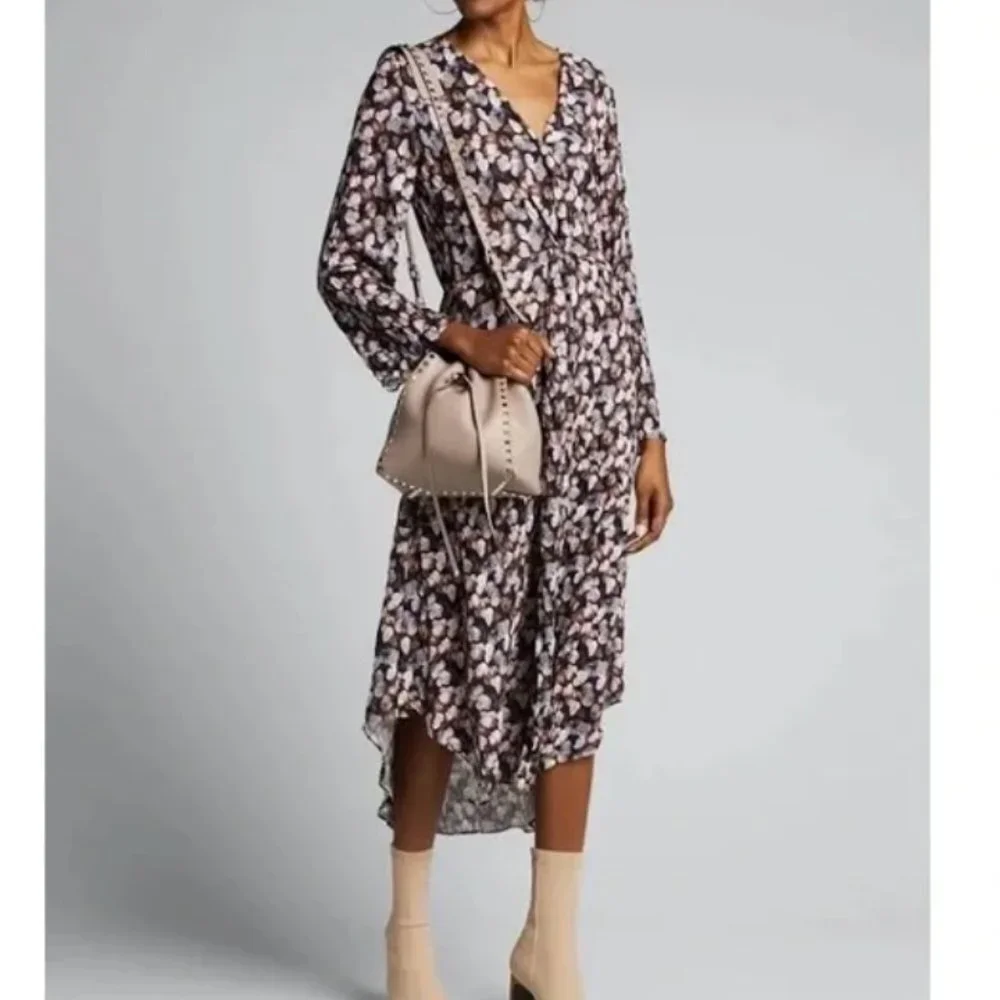 Vince Esme V-Neck Long Sleeve Micro Painted Floral Twist Drape Midi Dress Sz 14 - Picture 4 of 12